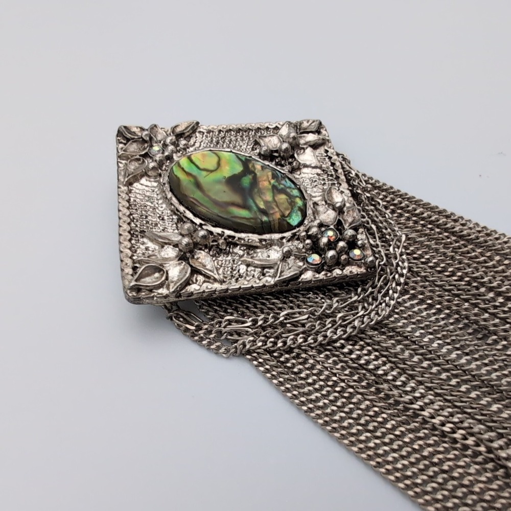 Vintage Abalone Shell Brooch Silver Tone Chain Fringe Tassel Iridescent Dangle